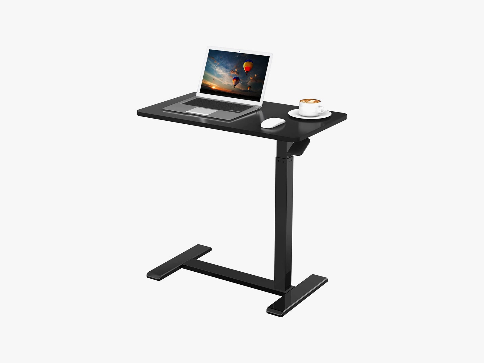Flexispot Adjustable Table with laptop computer mouse and cup of coffee on top.