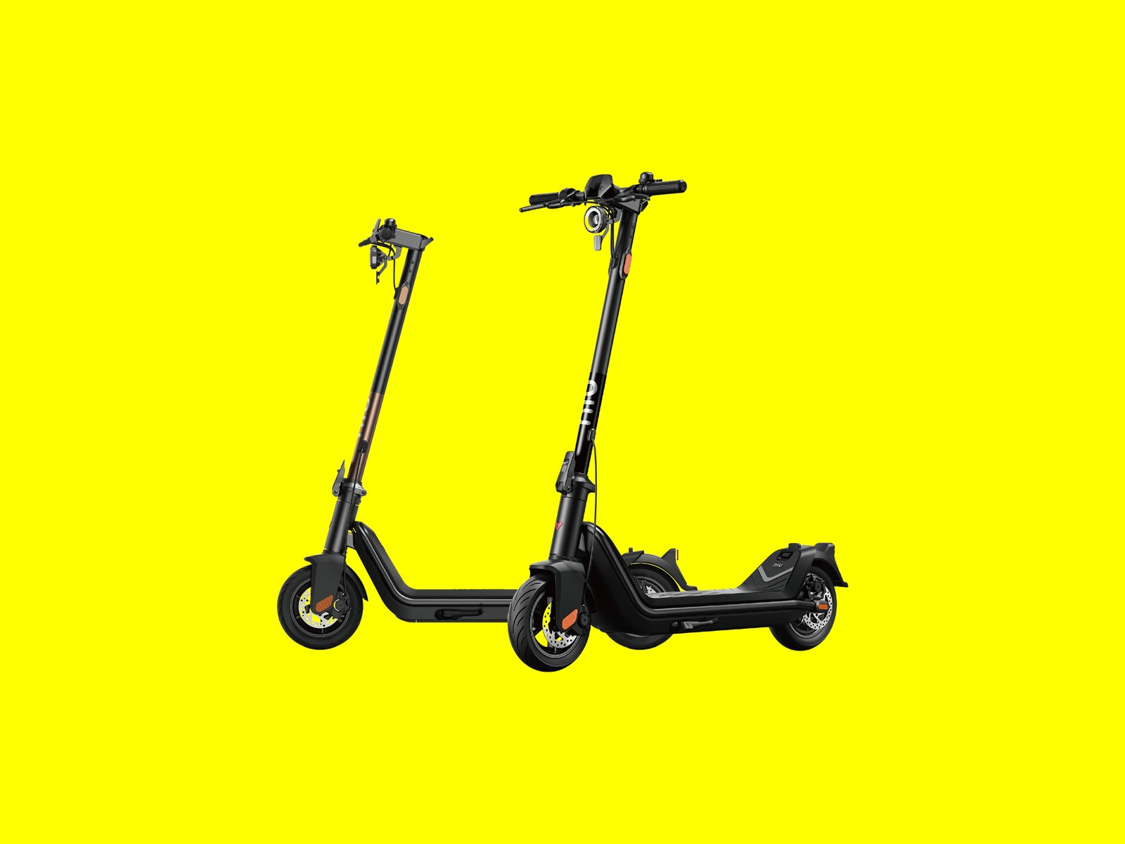 Niu KQi3 Pro electric scooters on a yellow background